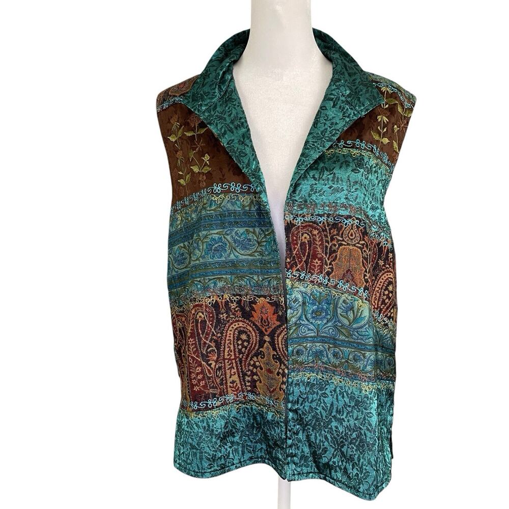 Coldwater Creek M Open Vest Silk Blend Teal Patchwork Embroidered Tapestry Jacqu